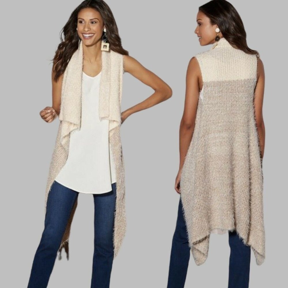 NWT Soft Surroundings Cream Knit Draped Open Front Cardigan Women L/XL China